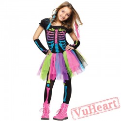 kid's Halloween skull costume, kid's rainbow skeleton skirt