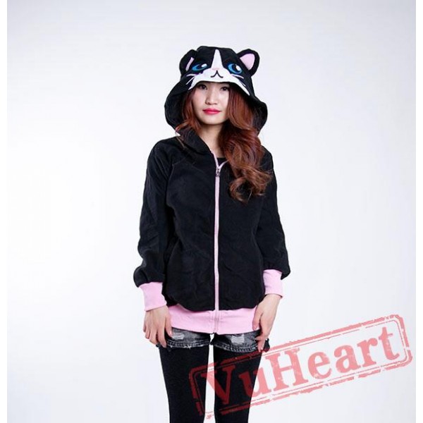 Black Cat Long Sleeve Cartoon Kigurumi Hoodie Coat Jacket