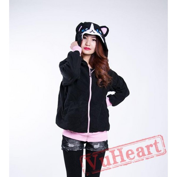 Black Cat Long Sleeve Cartoon Kigurumi Hoodie Coat Jacket