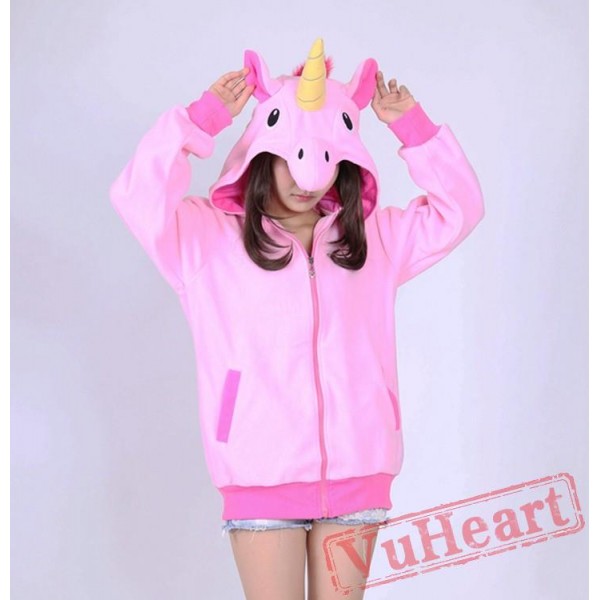 Pink Unicorn Cartoon Zip-up Hoodie Cosplay Costume Long Sleeve