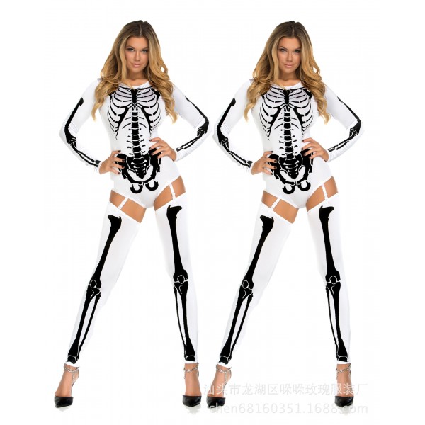 Woman White Sexy Skeleton Adult Onesies Club Costumes