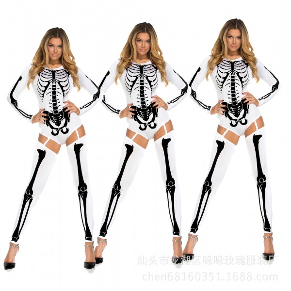 Woman White Sexy Skeleton Adult Onesies Club Costumes