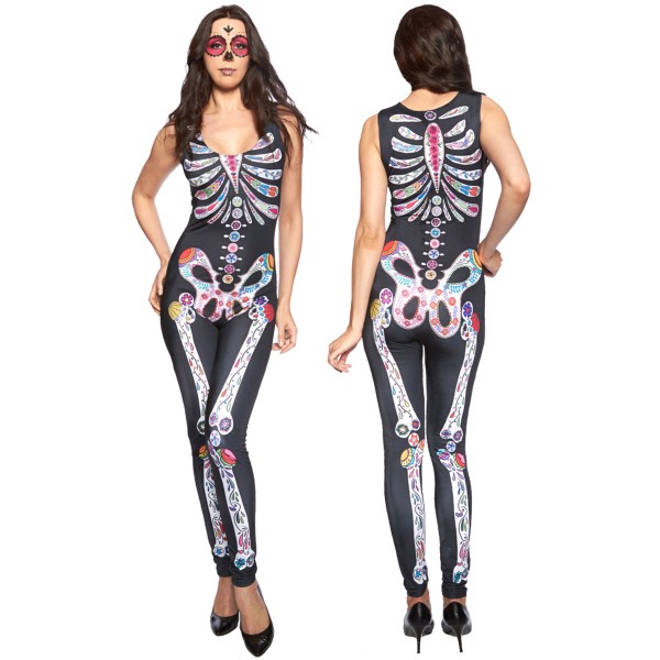 Adult Sexy Women Jumpsuit Sugar Skull Catsuit Costume Onesies