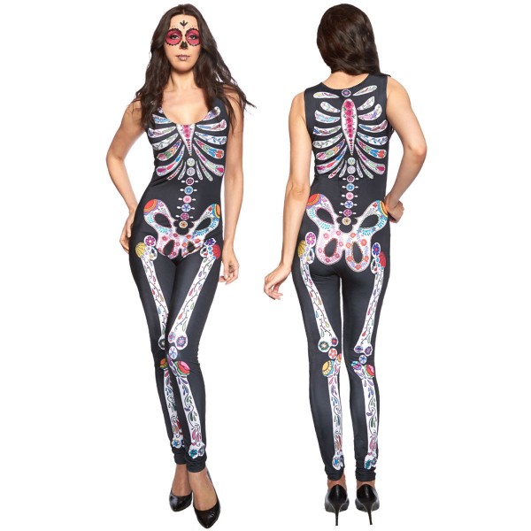 Sexy Women Jumpsuit Sugar Skull Skeleton Adult Womens Catsuit Costume Onesie
