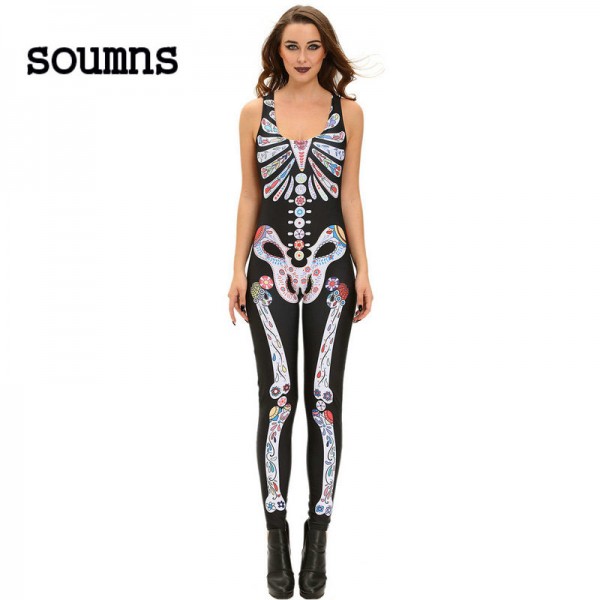 Sexy Women Jumpsuit Sugar Skull Womens Halloween Catsuit Costume Onesie