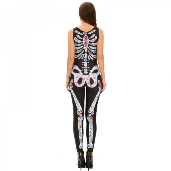 Sexy Women Jumpsuit Sugar Skull Womens Halloween Catsuit Costume Onesie