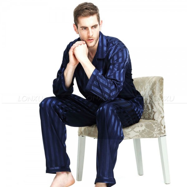 Mens Silk Satin Pajamas Set Striped Black