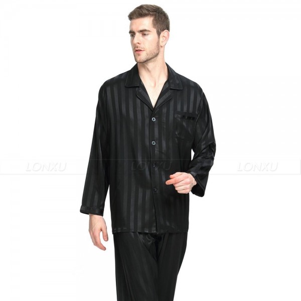 Mens Silk Satin Pajamas Set Striped Black