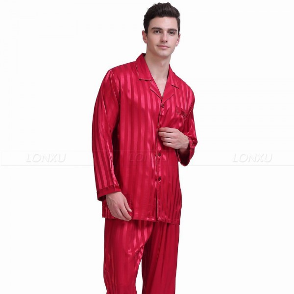 Mens Silk Satin Pajamas Set Striped Black