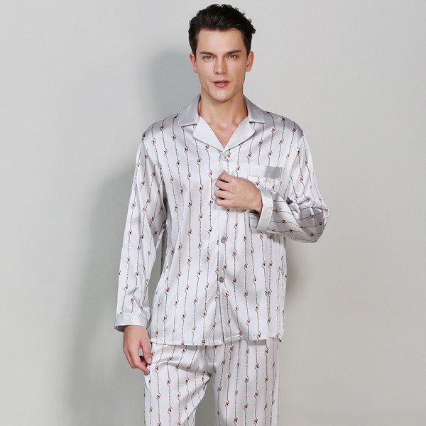 High-Grade Silk Men Printed Long-Sleeve Pajama Sets