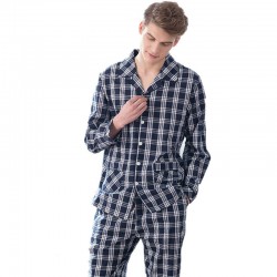 Cotton Plaid Turn-Down Collar Full Length Men Pajamas Sets