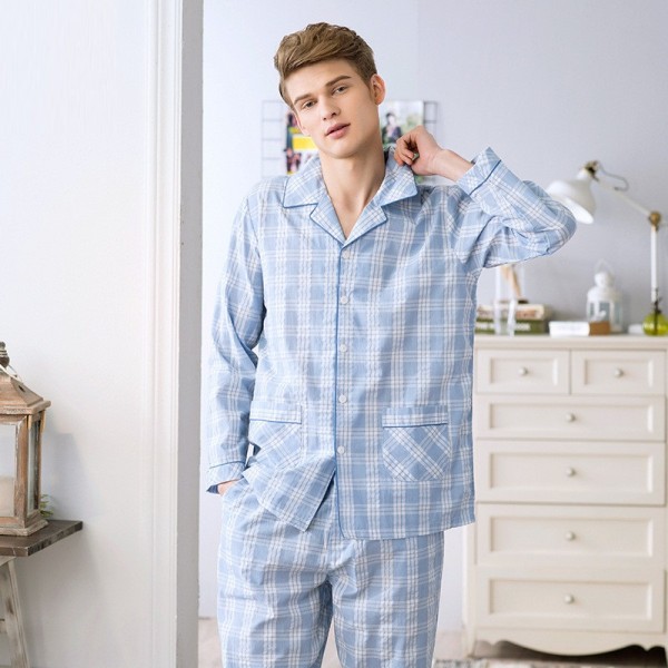 Cotton Plaid Turn-Down Collar Full Length Men Pajamas Sets