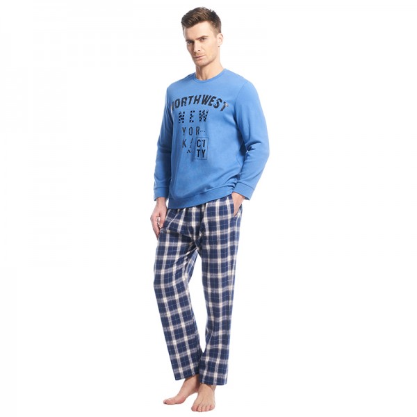 Mens Cotton Long Sleeve Pajama Sets O-neck