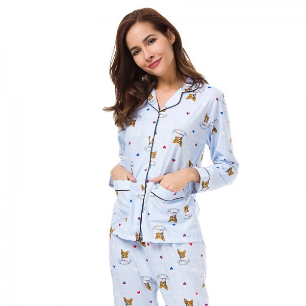 Women Print French Bulldog Long Sleeve Pajamas 2 Pieces Set