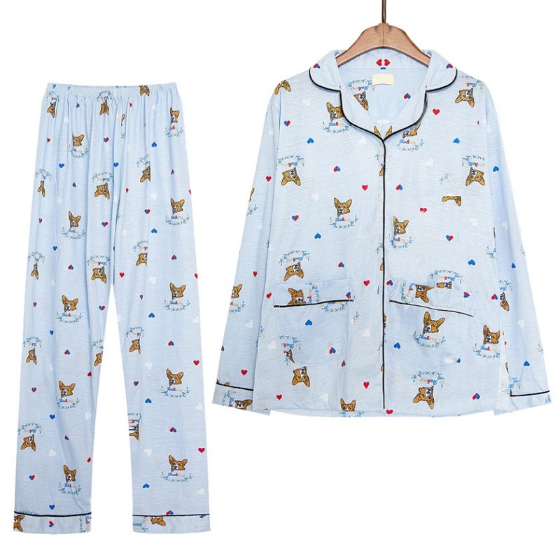 Women Print French Bulldog Long Sleeve Pajamas 2 Pieces Set