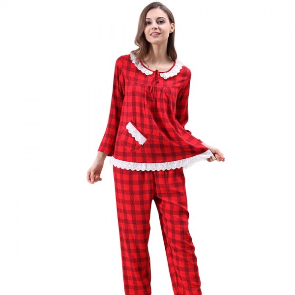 Long Cotton Ladies Comfort Lace Long Sleeve Pajamas Set