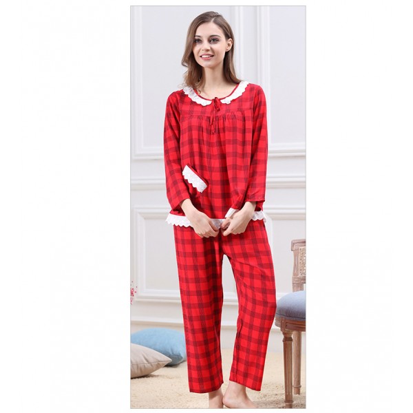 Long Cotton Ladies Comfort Lace Long Sleeve Pajamas Set