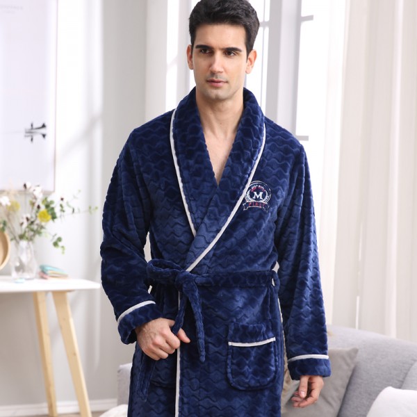 Winter Flannel Sleepwear Mens Long Sleeve Soft Pajamas Warm Bathrobe