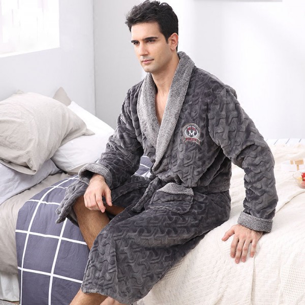 Winter Flannel Sleepwear Mens Long Sleeve Soft Pajamas Warm Bathrobe