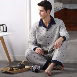 Cotton Men Pajama Set Casual Polka Dot Warm Sleepwear