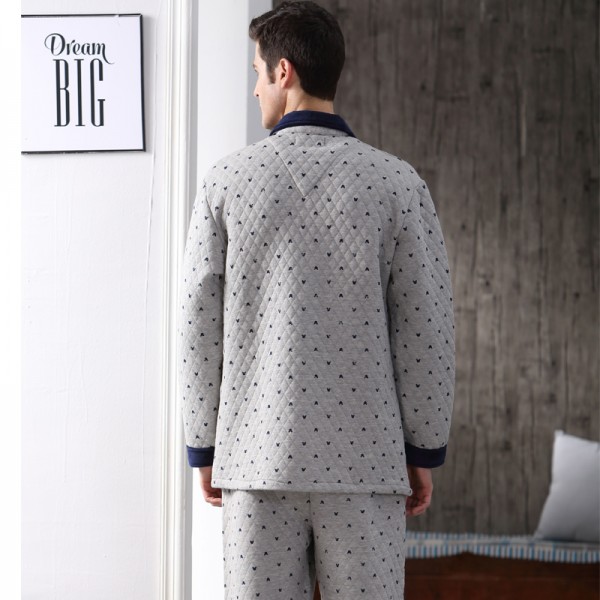 Cotton Men Pajama Set Casual Polka Dot Warm Sleepwear