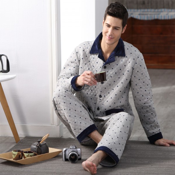Cotton Men Pajama Set Casual Polka Dot Warm Sleepwear