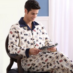 Men Cotton Pajamas Set Button Collar Warm Printed Sleepwear