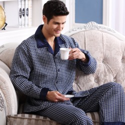 Men Cotton Pajamas Set Button Collar Warm Printed Sleepwear