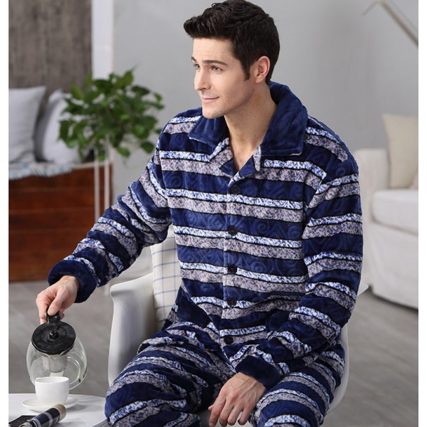 Mens Warm Flannel Pajamas Set Long Sleeve Soft Sleepwear