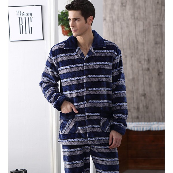 Mens Warm Flannel Pajamas Set Long Sleeve Soft Sleepwear