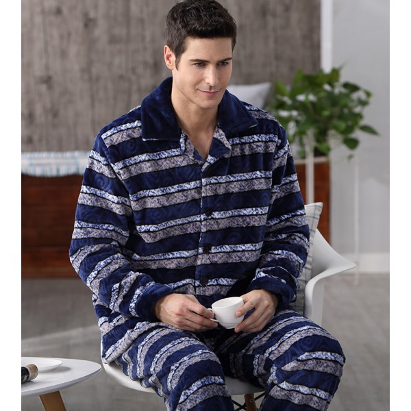 Mens Warm Flannel Pajamas Set Long Sleeve Soft Sleepwear