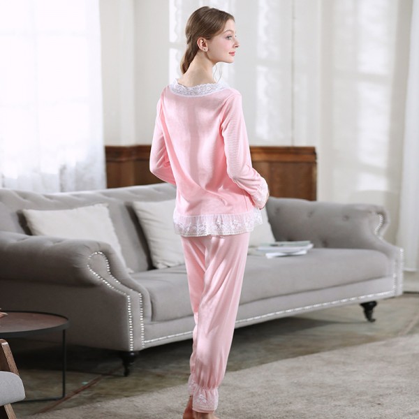Lace Women Vintage Princess Pajamas Long Sleeve Sleepwear Set