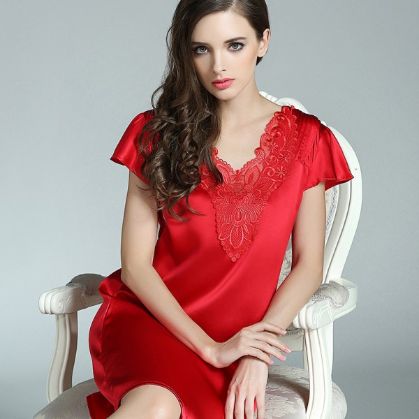 Short Sleeves Red Silk Pajamas for Women 