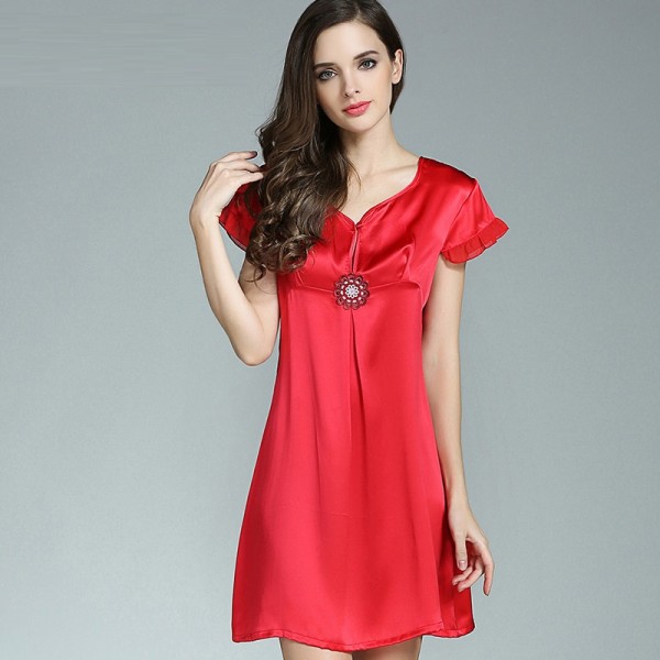 Short Sleeves Sexy Red Silk Pajamas for Women