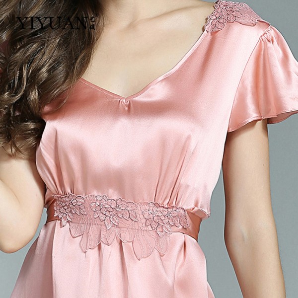 Short Sleeves Summer Pink Silk Pajamas for Women 