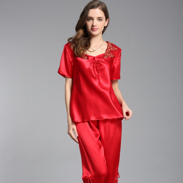 Short Sleeves Sexy Silk Pajamas Set for Women 