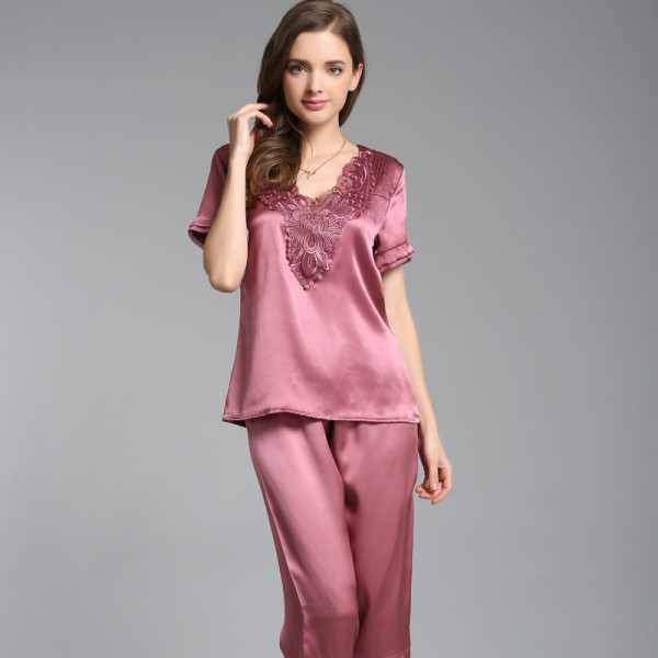 Sexy Short Sleeves Red Silk Pajamas Set for Women 