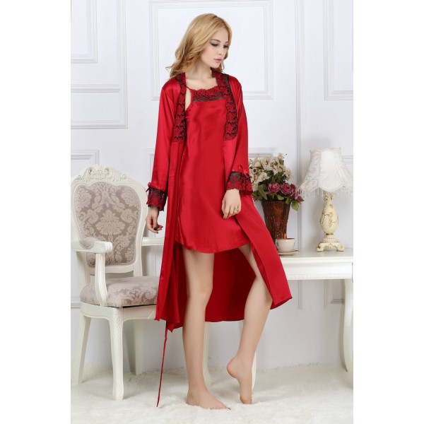 Sexy Red Silk Pajamas Set for Women 