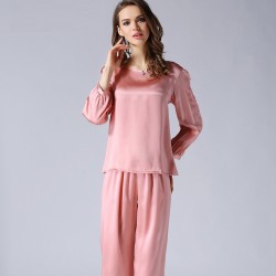 Long Sleeves Pink Silk Pajamas Set for Women 