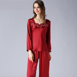 Long Sleeves Summer Red Silk Pajamas Set for Women 