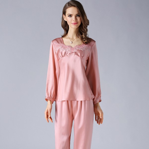 Long Sleeves Summer Red Silk Pajamas Set for Women 
