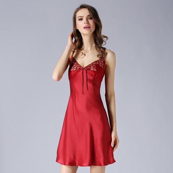 Sexy Sling Summer Red Silk Pajamas for Women 