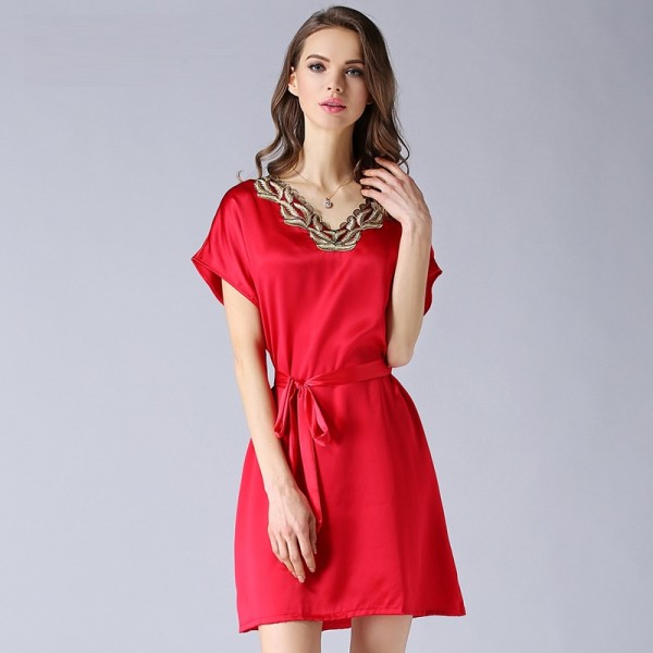 Elegant Short Sleeves Red Silk Pajamas for Women 